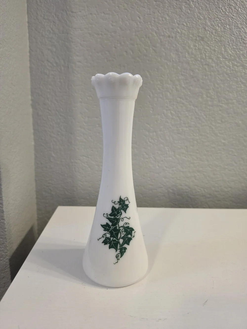 White Milk Glass Bud Vase with Green Ivy Accent